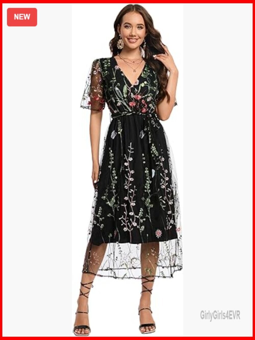 Women's Floral Embroidered Tulle Prom Midi Dress Half-Sleeve V-Neck